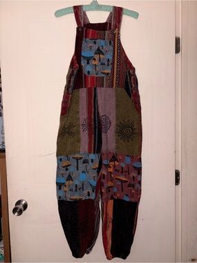 Rising International Multi-Color Boho Patchwork Mushroom Overalls
